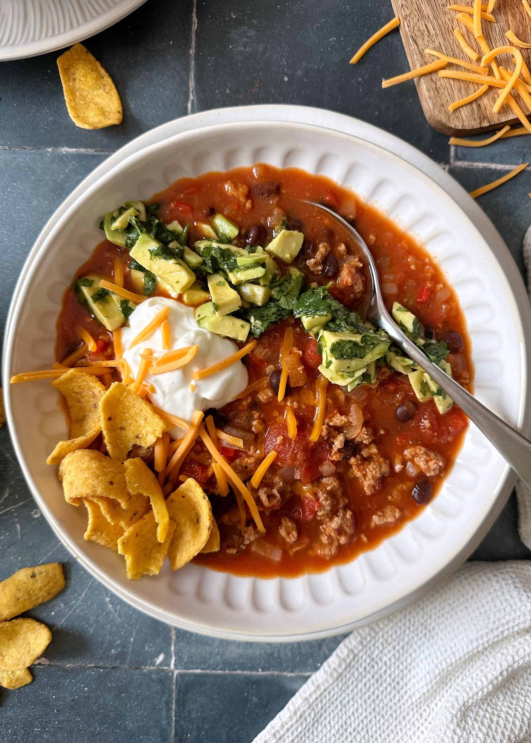 Turkey and Black Bean Chili with Chunky Avocado Salsa