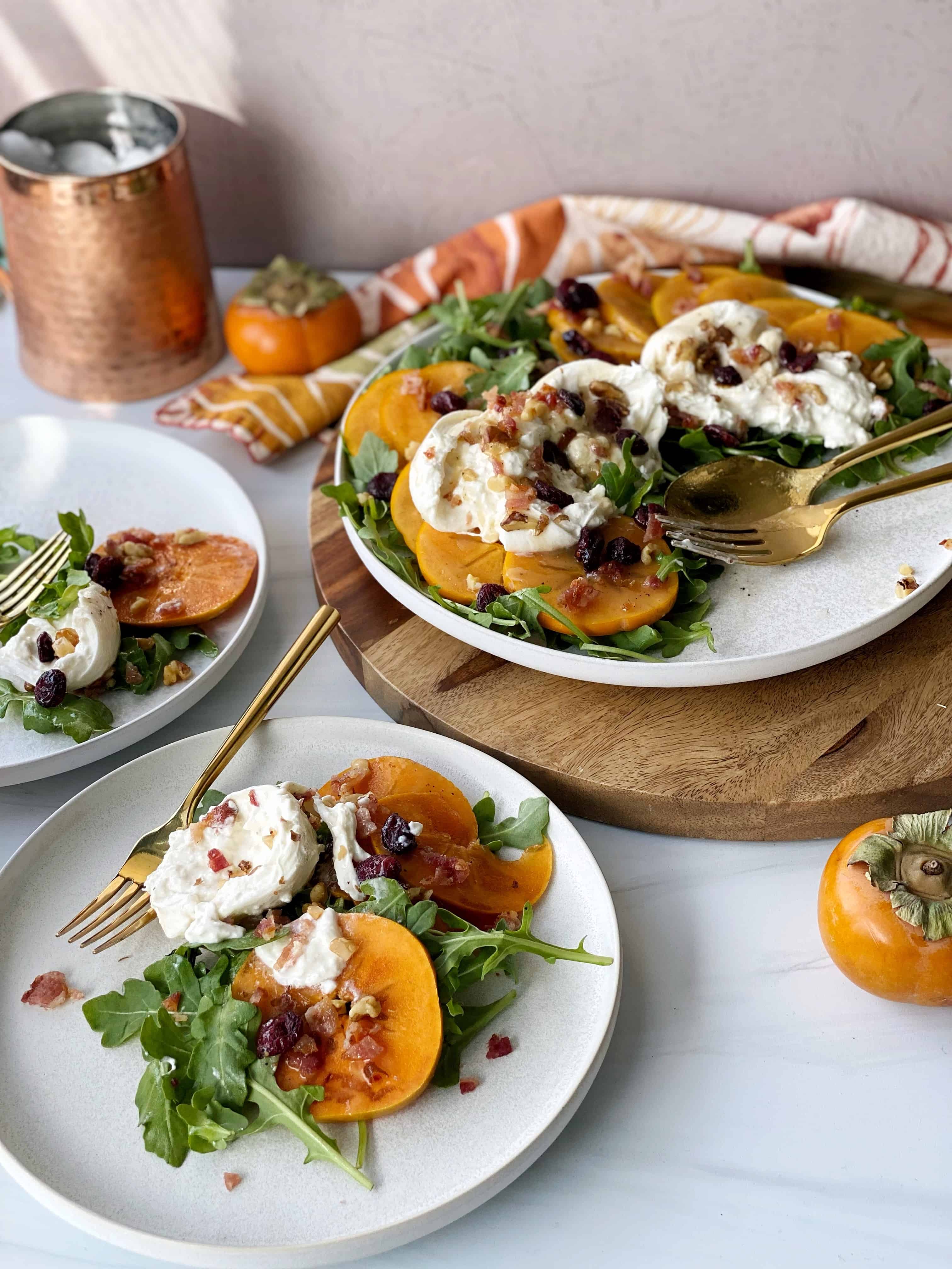 Persimmon Salad with Burrata, Dried Cranberries, Bacon, and Walnuts