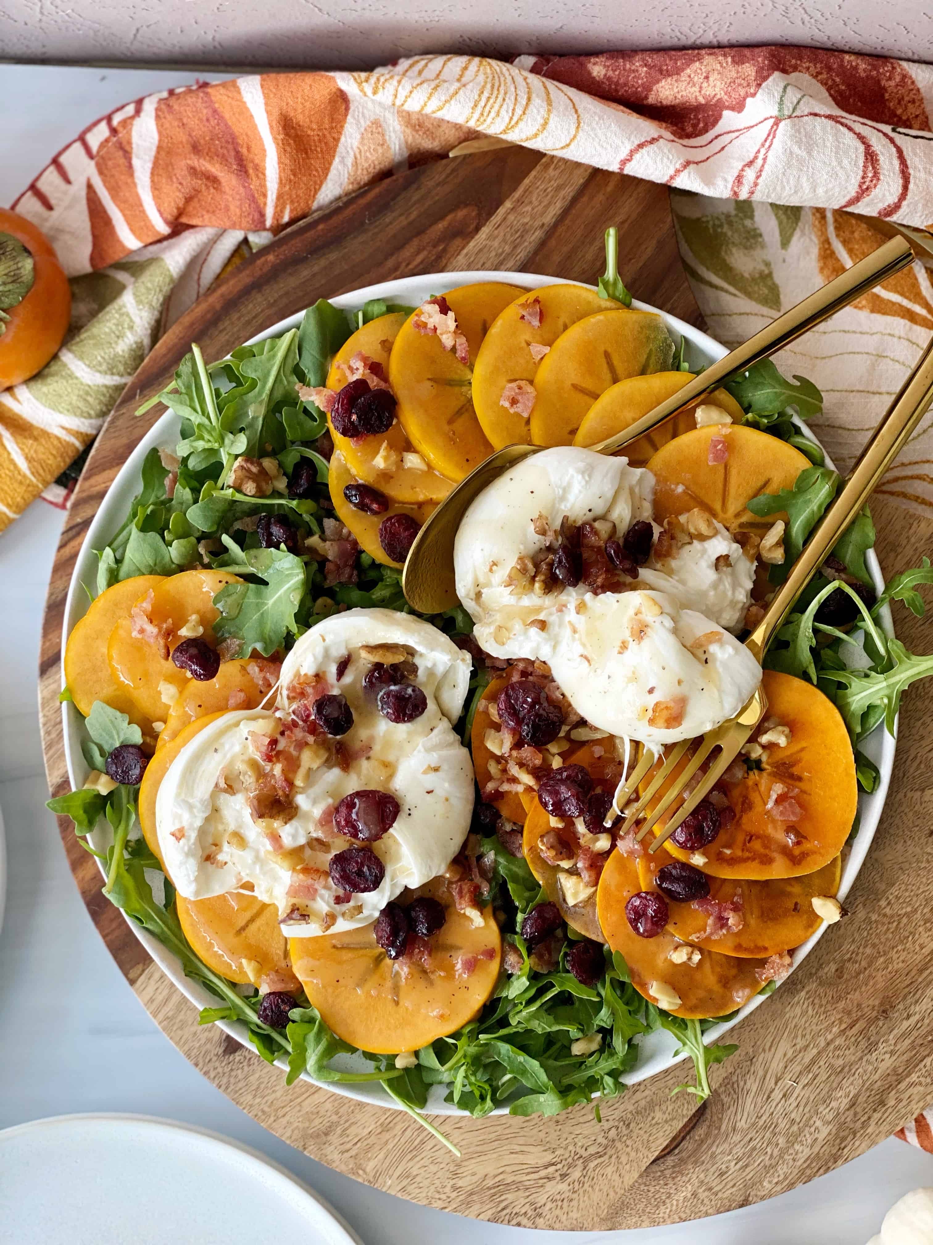 Persimmon Salad with Burrata, Dried Cranberries, Bacon, and Walnuts