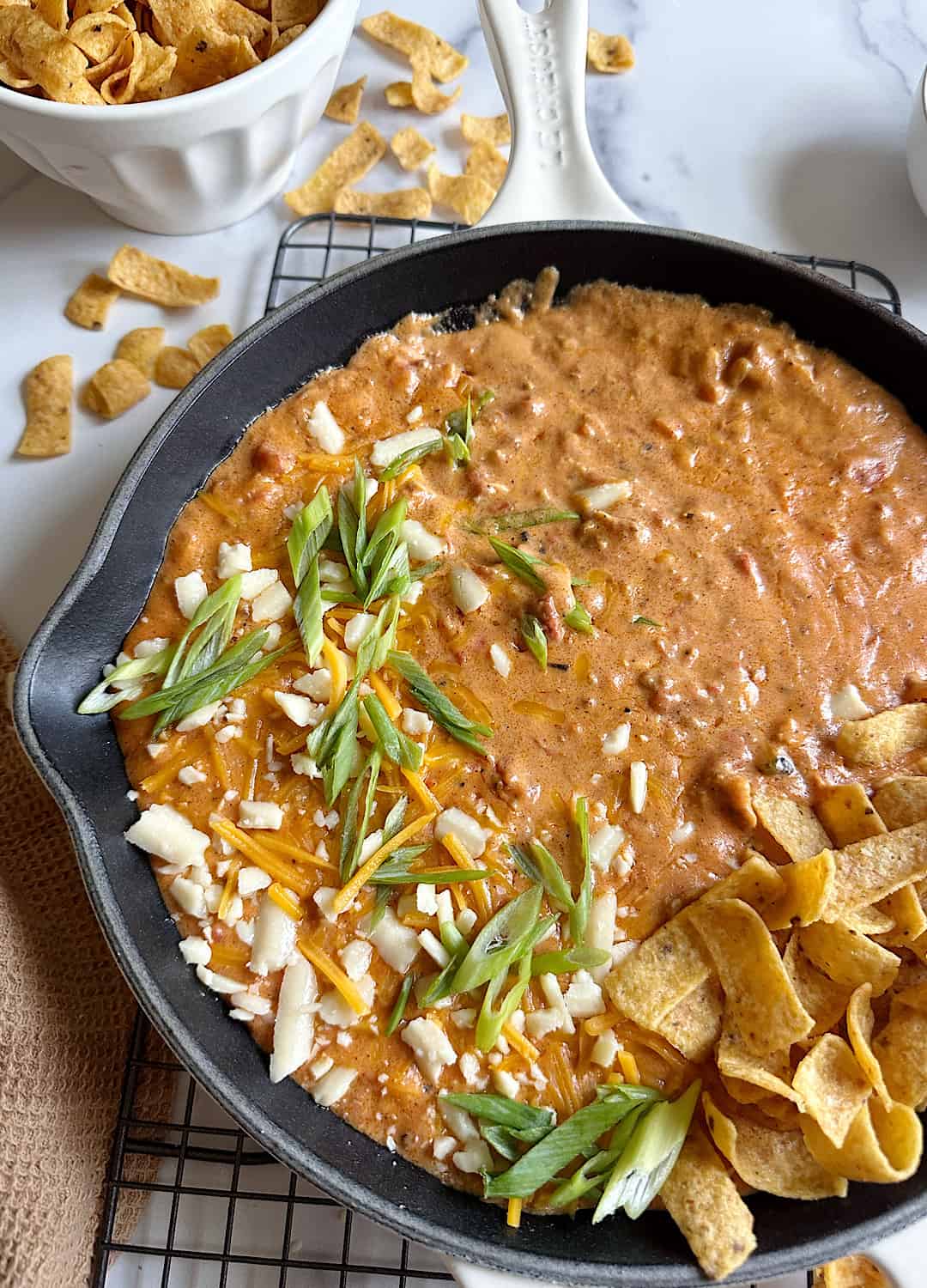 chorizo chicken queso with corn chips