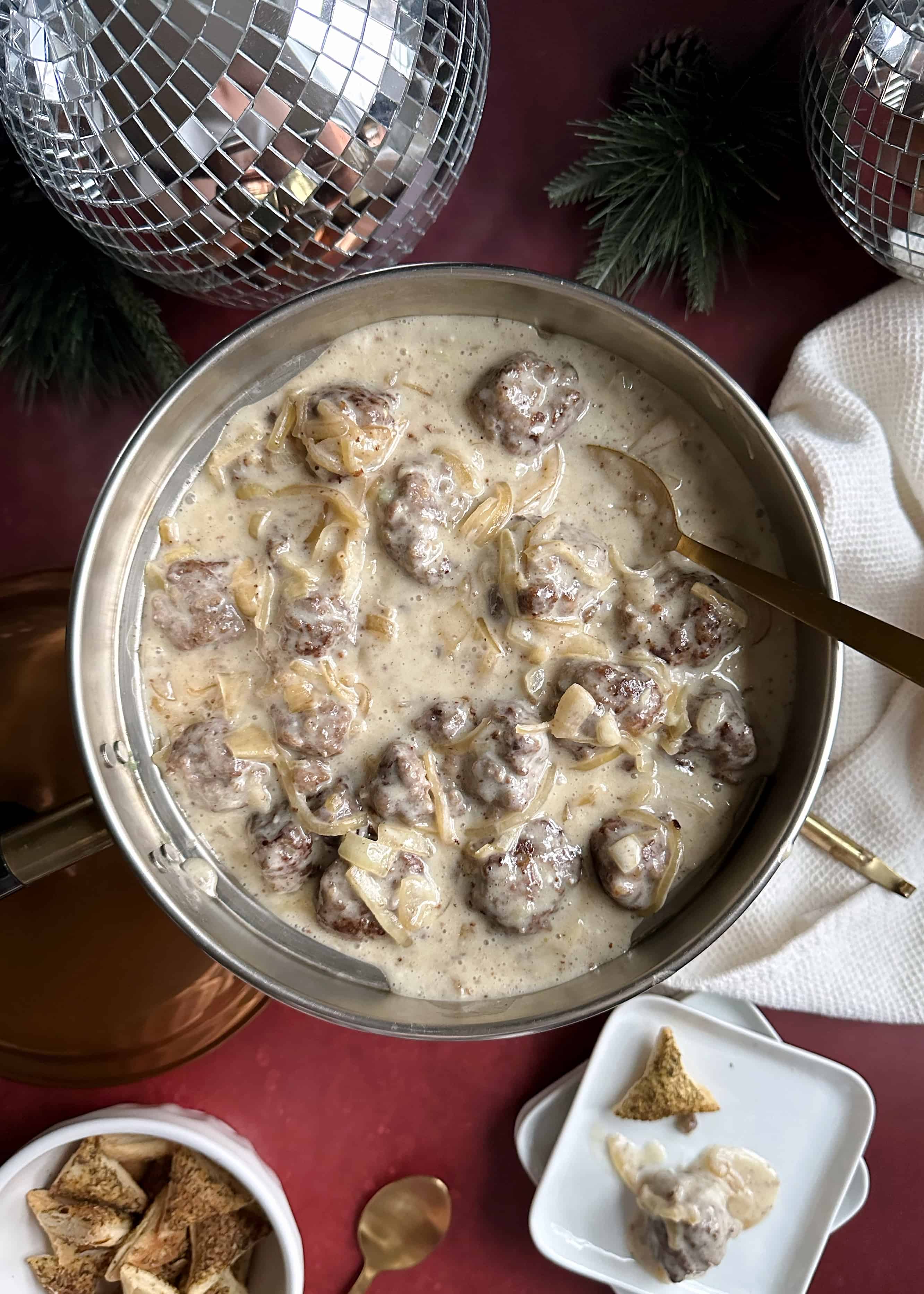 vidalia onion party meatballs with spoon and serving dish