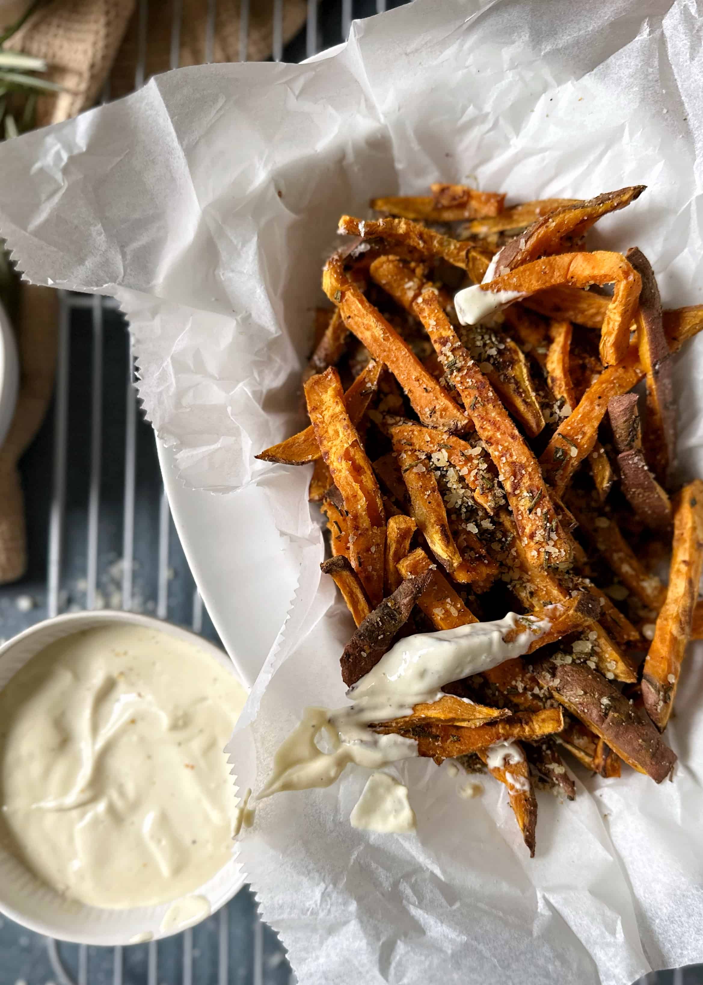 rosemary parmesan sweet potato fries with caesar dipping sauce