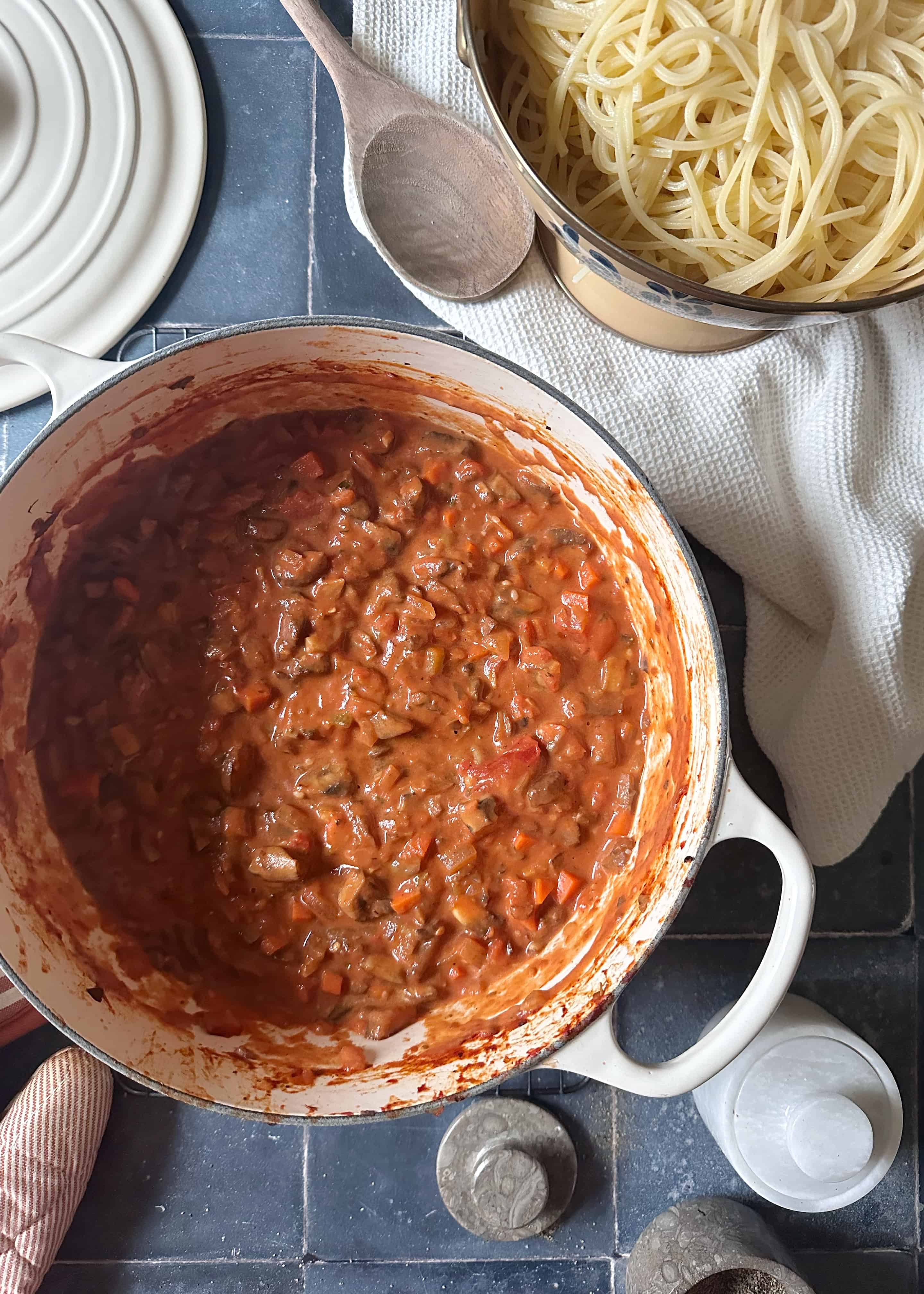 hearty mushroom bolognese in dutch oven