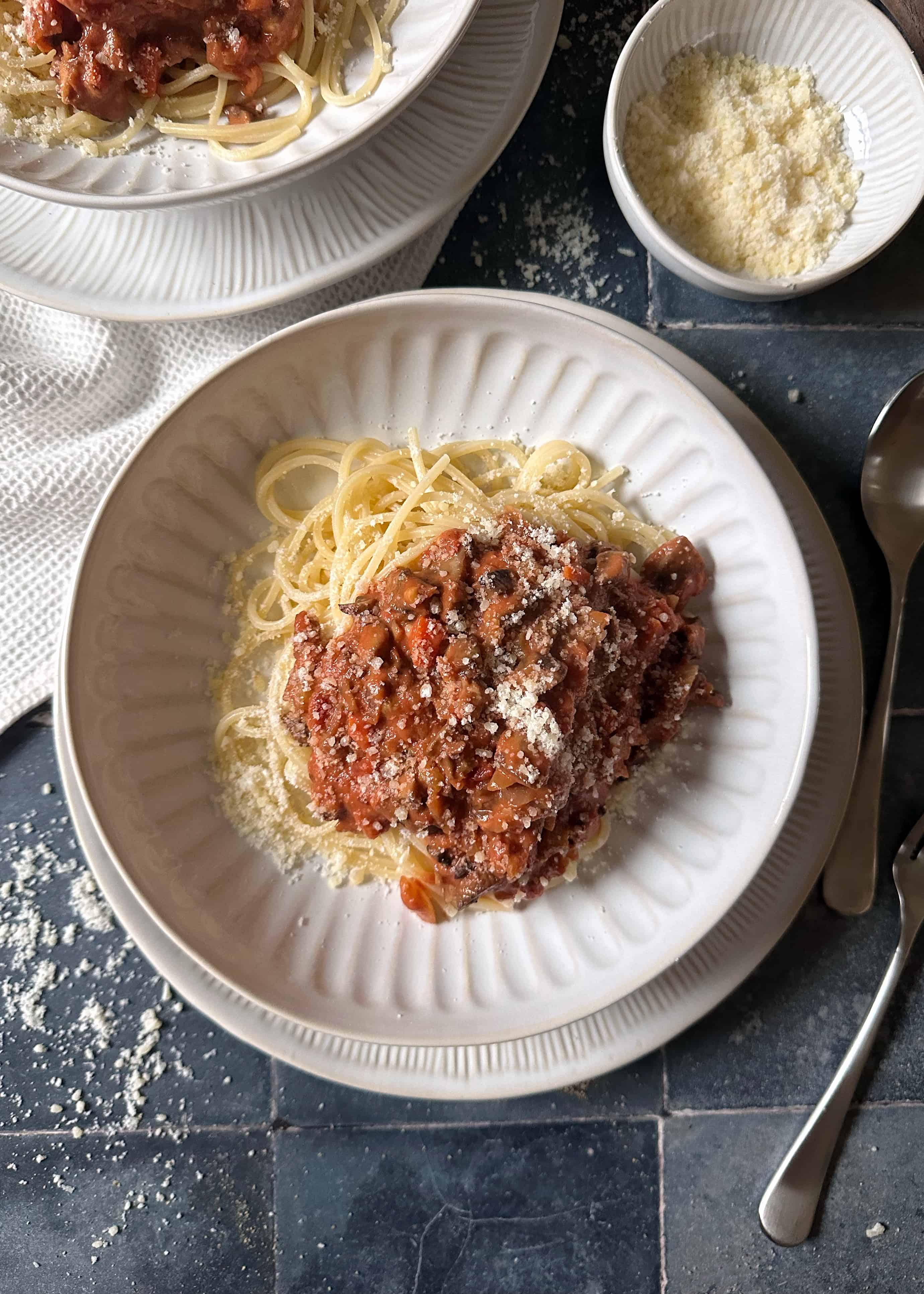 hearty mushroom bolognese with spaghetti