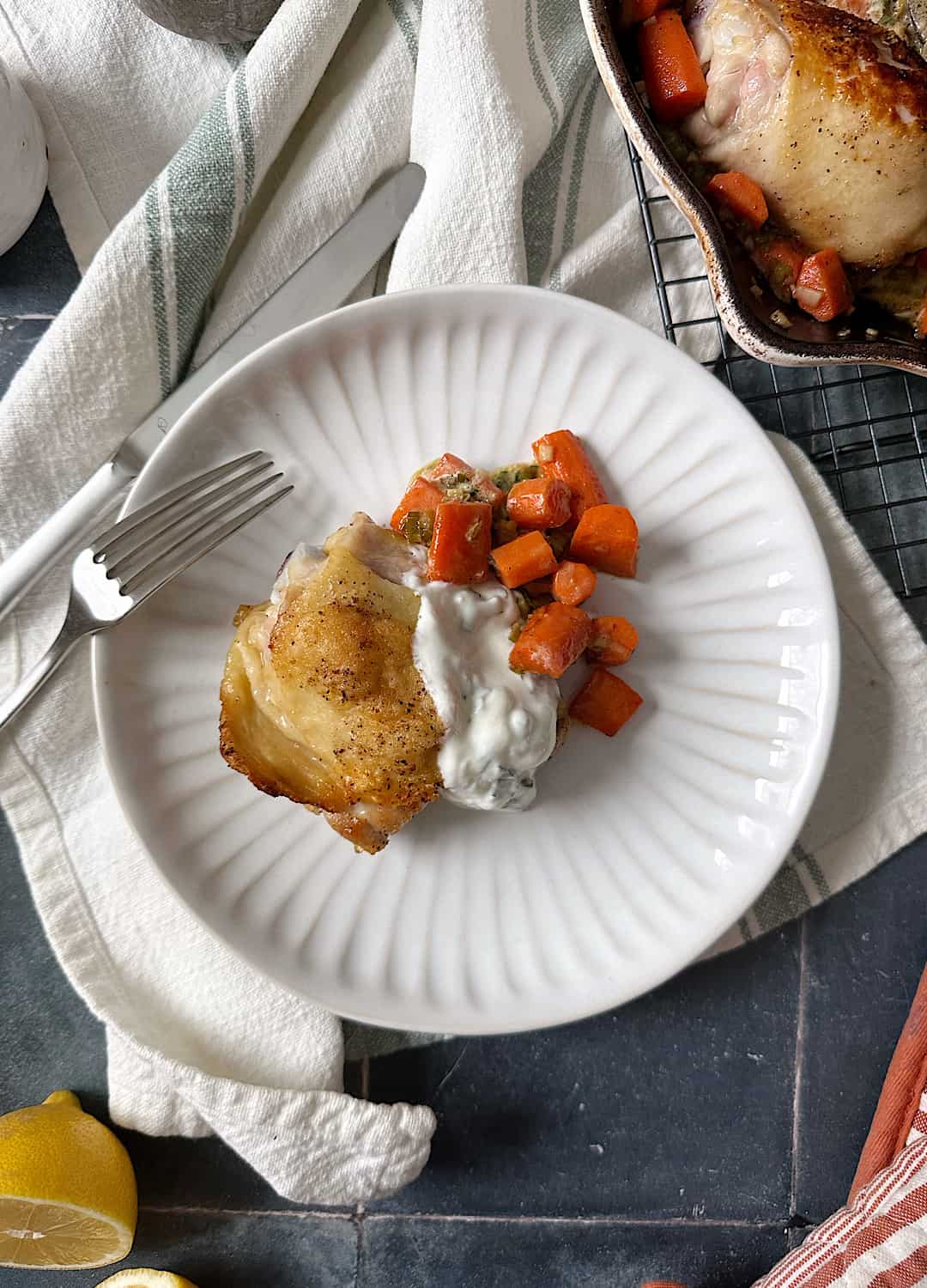 crispy chicken thighs with carrots with basil yogurt dipping sauce