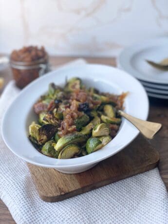 Roasted Brussels Sprouts with Onion Bacon Jam