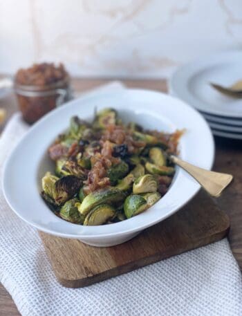 Roasted Brussels Sprouts with Onion Bacon Jam