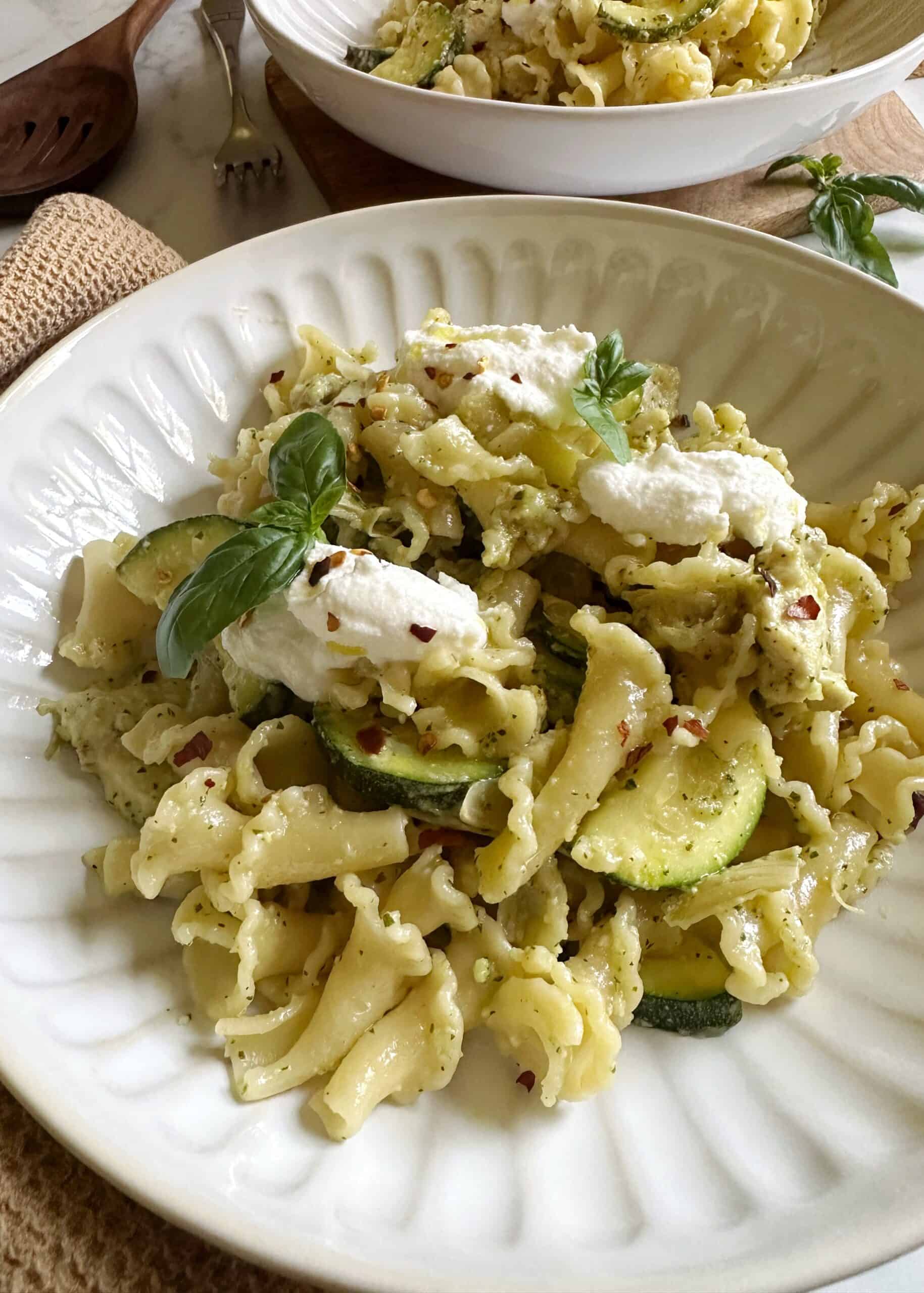 Zucchini Artichoke Chicken Pasta with Pesto and Ricotta