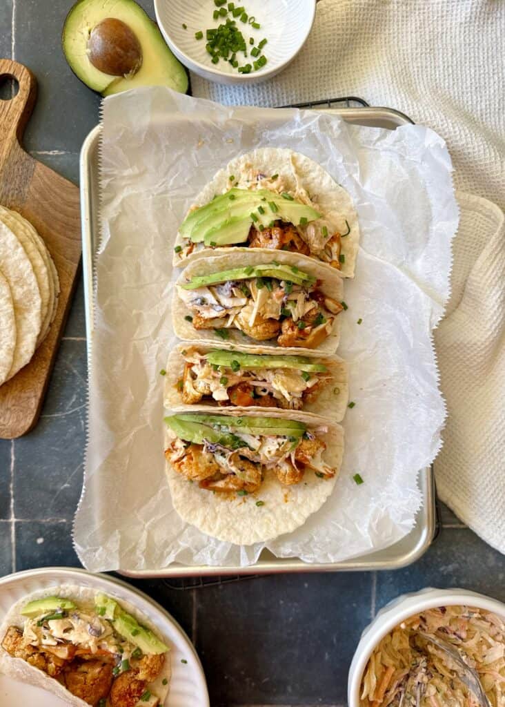 Korean-Inspired Cauliflower Tacos with Kimchi Ranch Slaw