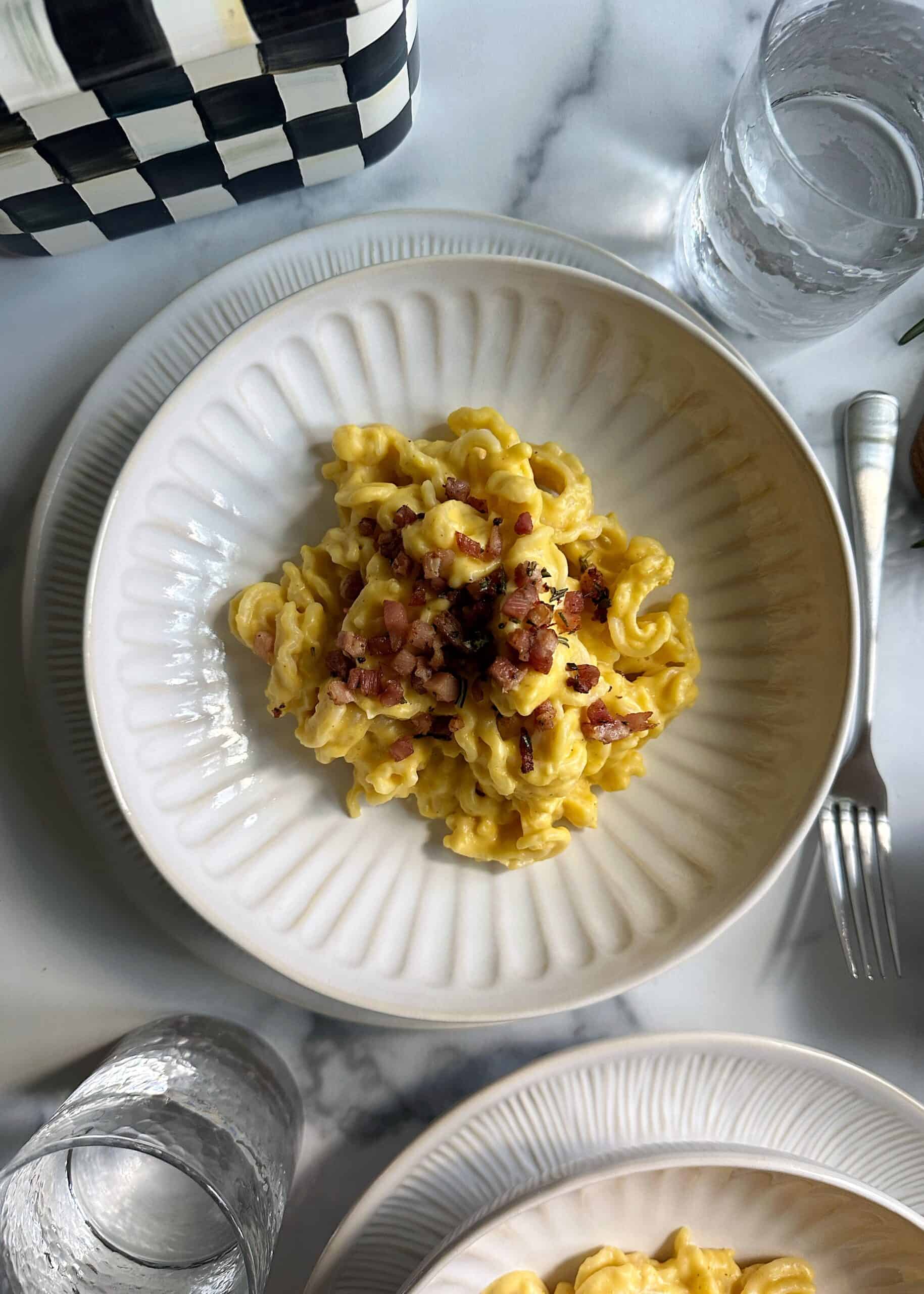 butternut squash alfredo with rosemary pancetta garnish