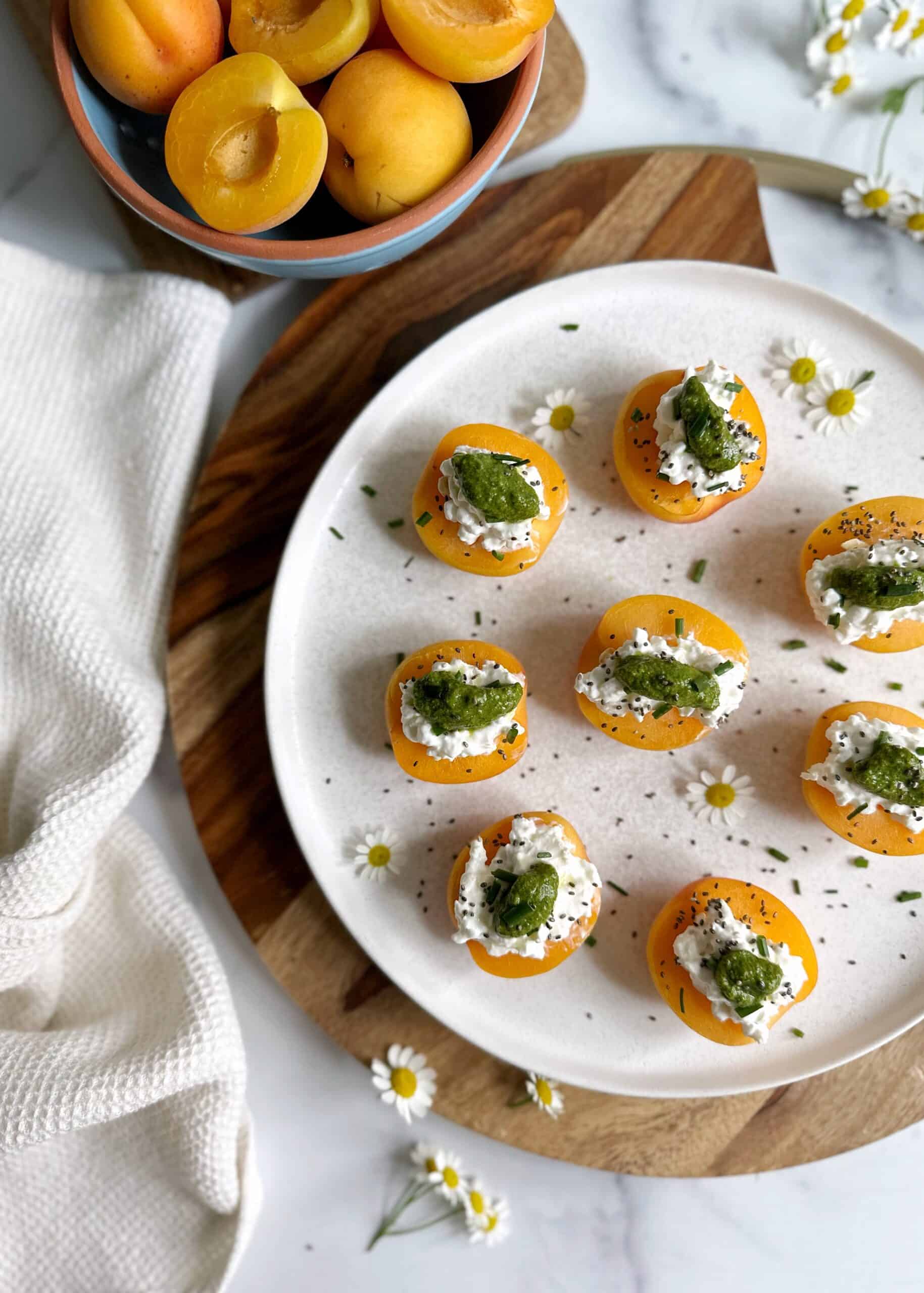 Cottage Cheese Stuffed Apricots with Almonds and Pesto