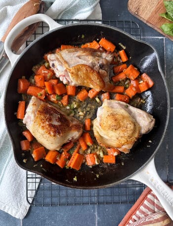 Super Crispy Chicken Thighs with Sauteed Carrots and Basil Yogurt Sauce