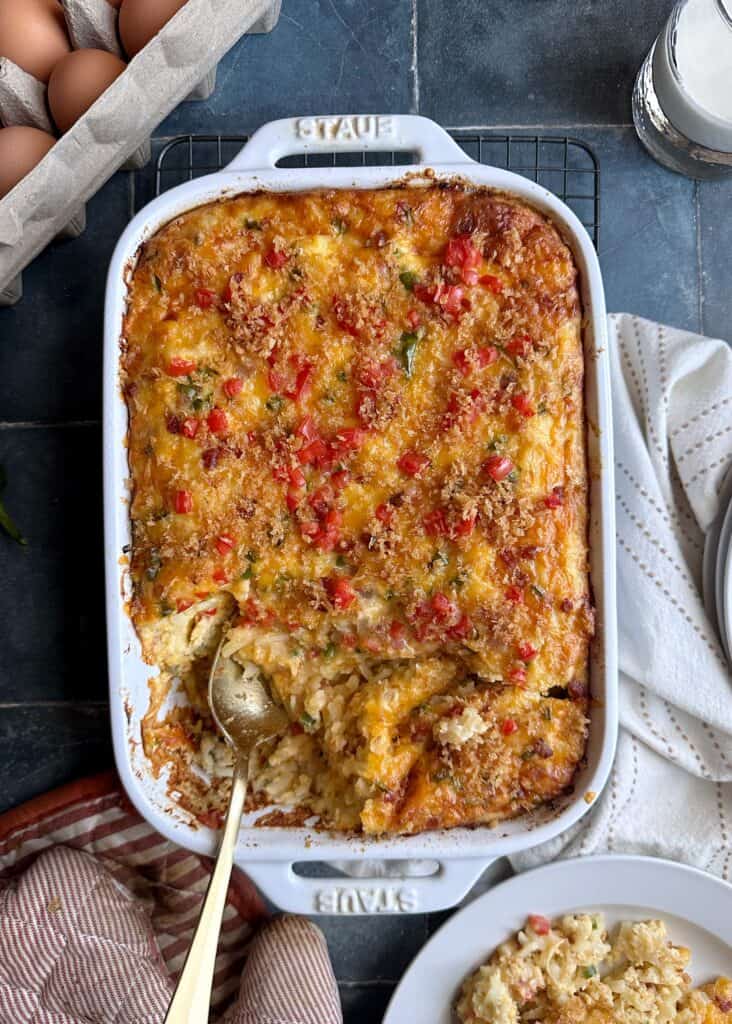 jalapeno popper breakfast casserole with gold spoon