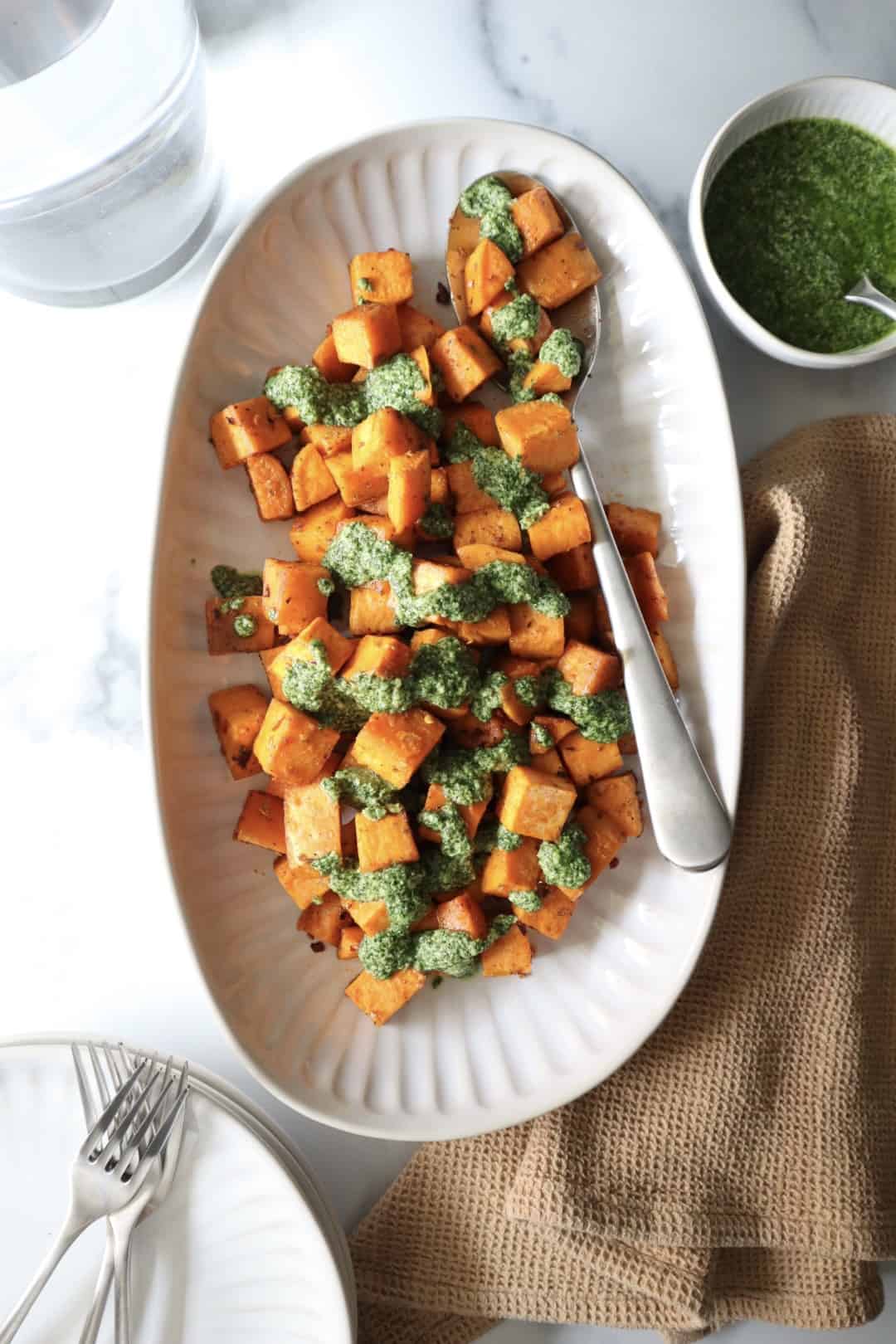 Smoky Roasted Sweet Potatoes with Lemony Kale Pesto