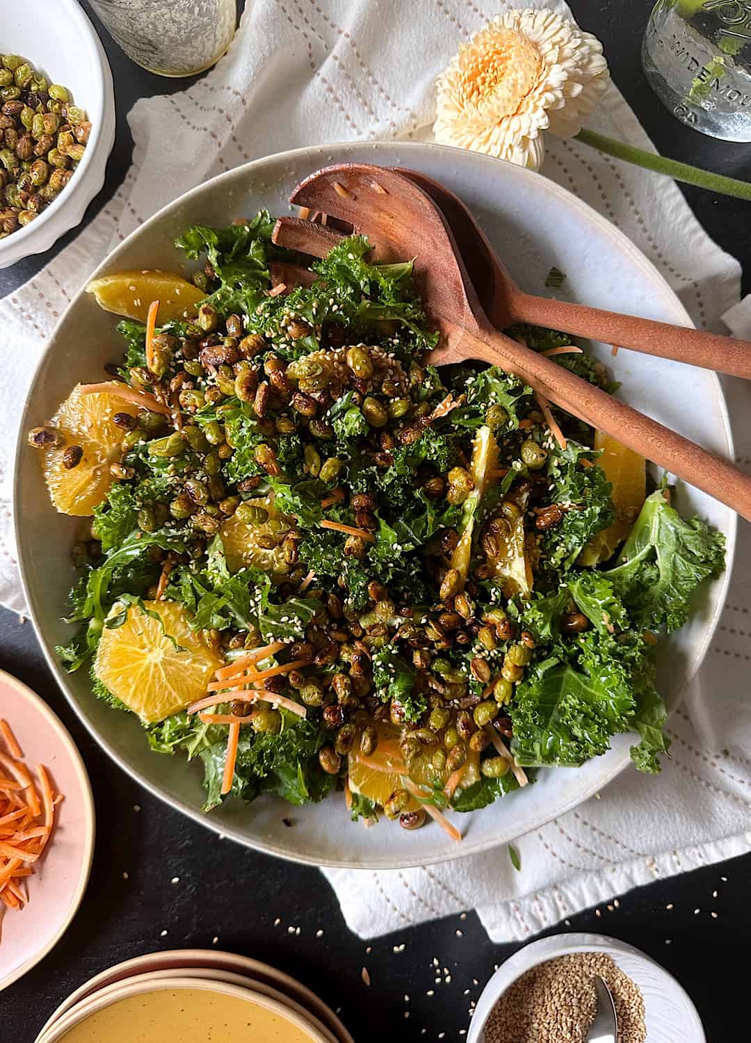 orange and kale salad with crispy edamame