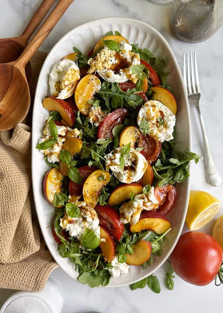 peach tomato burrata caprese salad