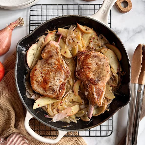 Skillet Pork Chops with Sauteed Shallot and Apple