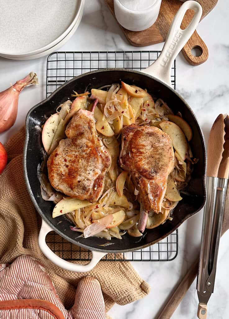 Skillet Pork Chops with Sauteed Shallot and Apple