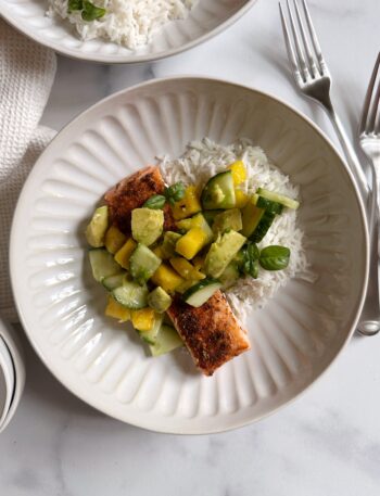 Roasted Salmon with Avocado Mango Cucumber Salad