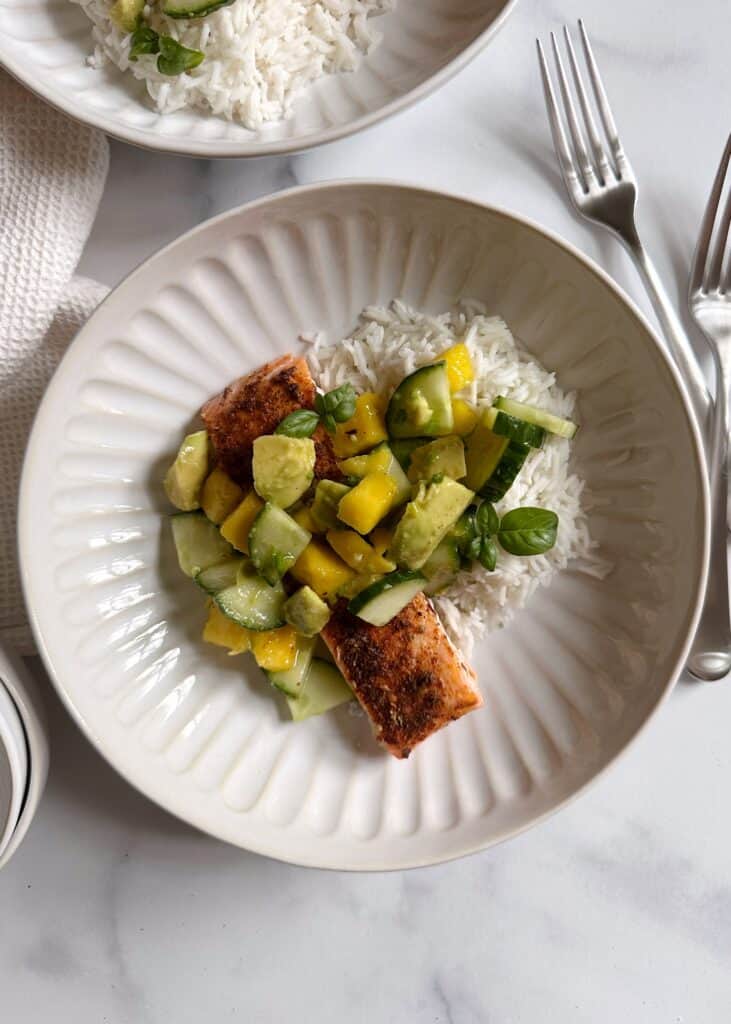 Roasted Salmon with Avocado Mango Cucumber Salad