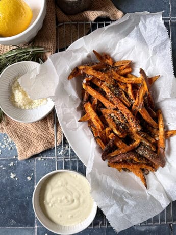 Rosemary Parmesan Sweet Potato Fries with Caesar Dipping Sauce