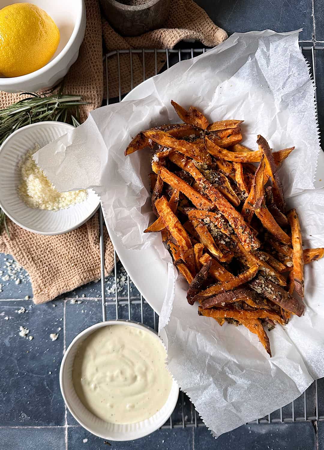 Rosemary Parmesan Sweet Potato Fries with Caesar Dipping Sauce