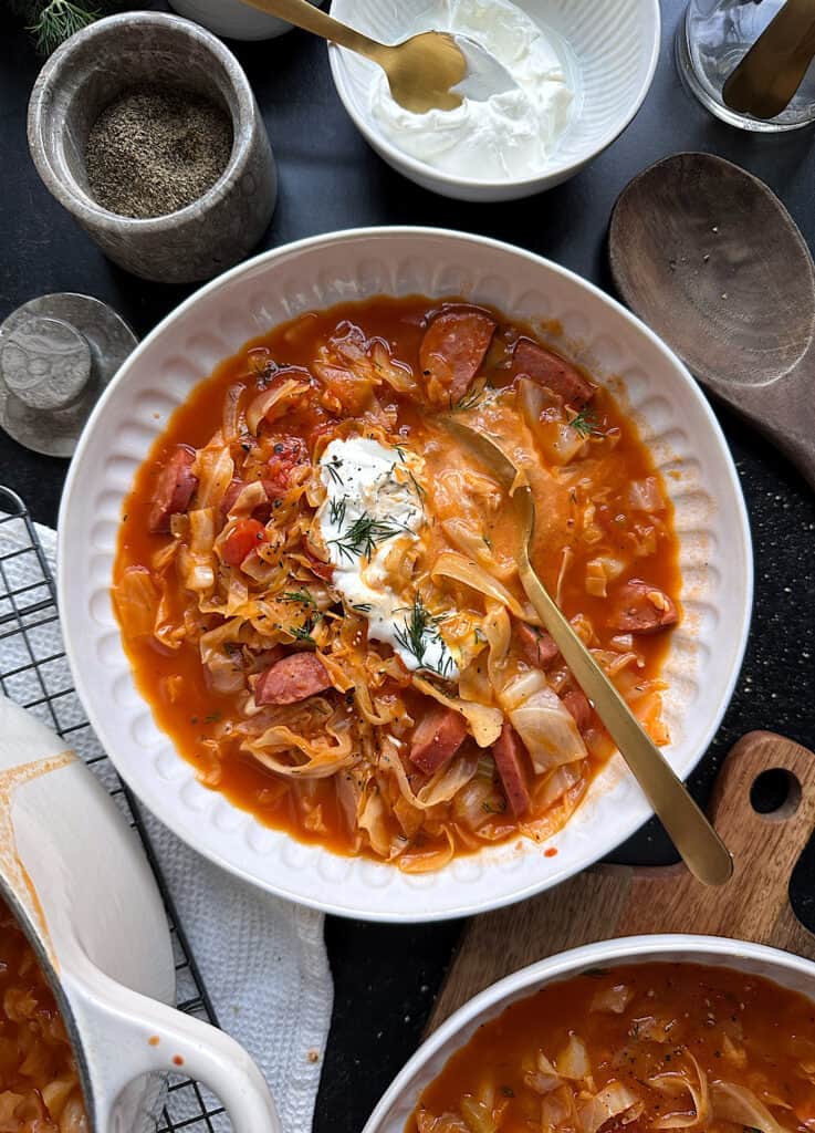 Tomato Cabbage Kielbasa Soup