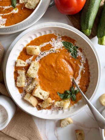 Tomato Zucchini Soup with Garlicky Croutons