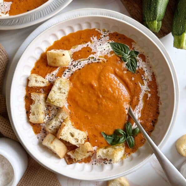 Tomato Zucchini Soup with Garlicky Croutons