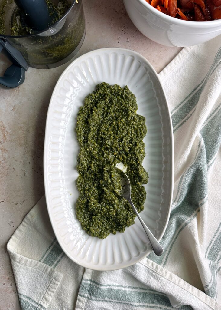 carrot top pesto on serving tray