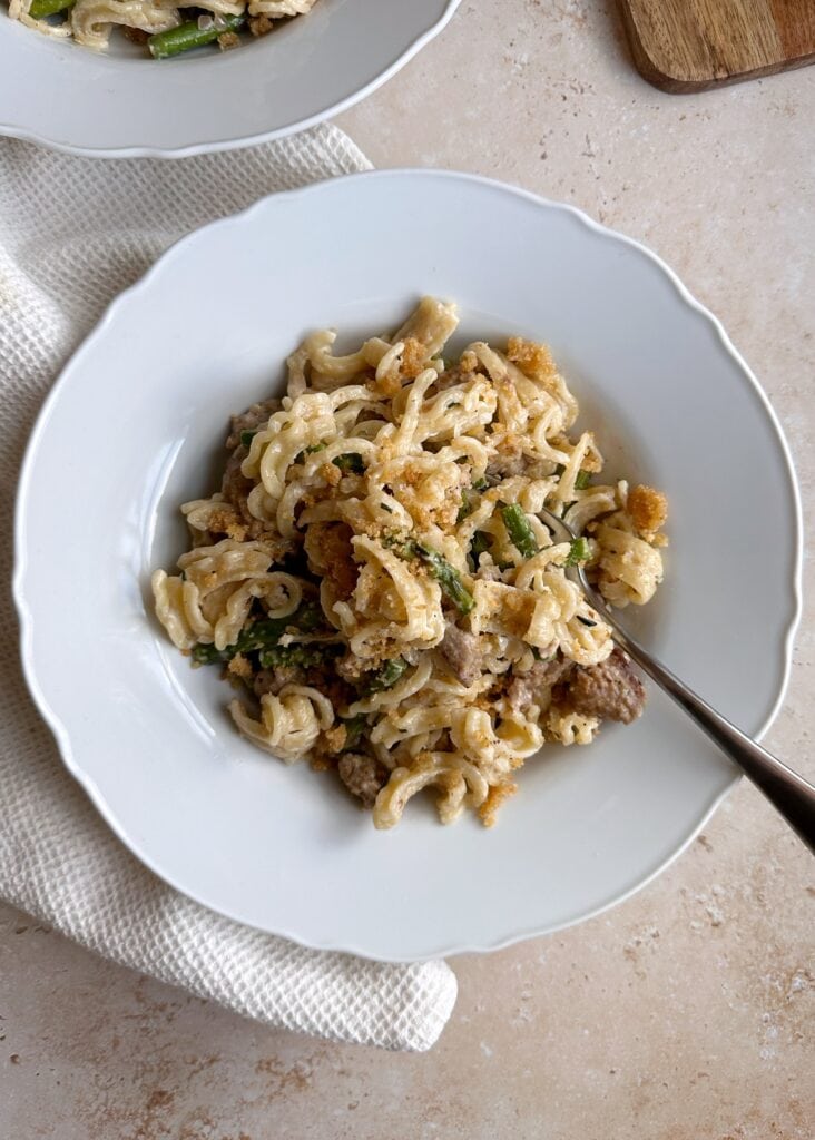 bowl of lemon asparagus goat cheese pasta with parmesan breadcrumbs