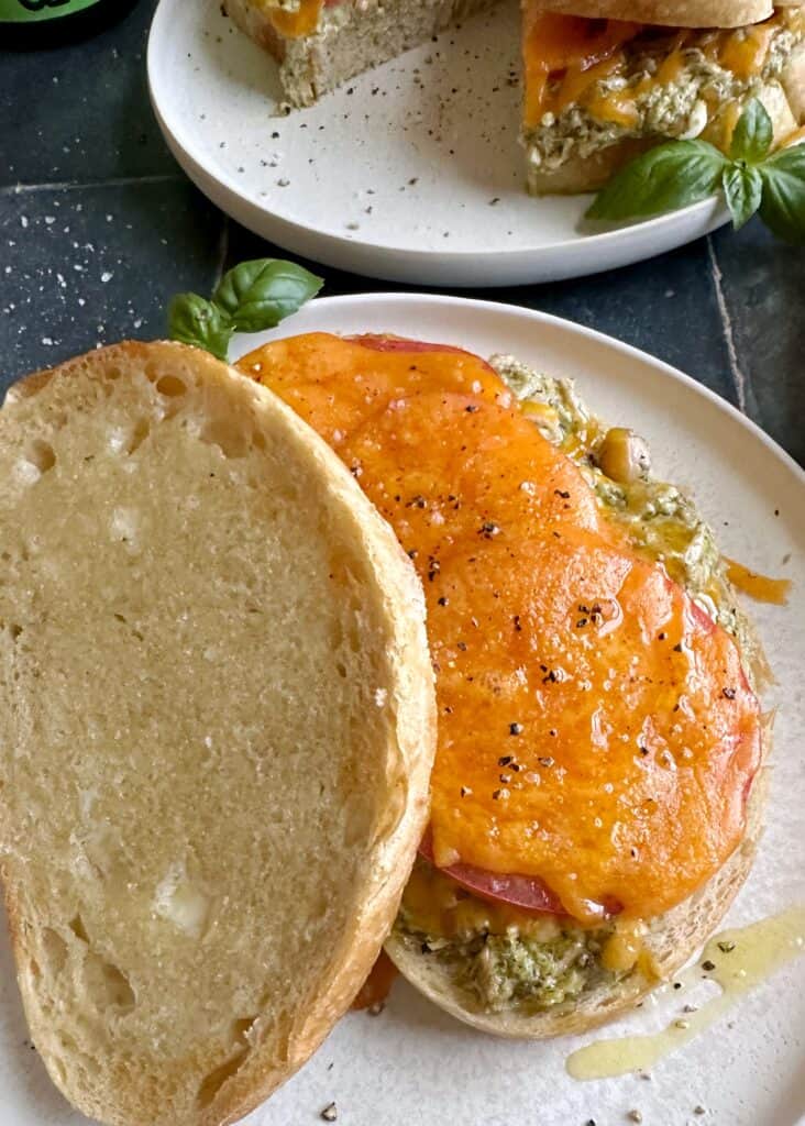 pesto tuna melt with cheddar and tomato
