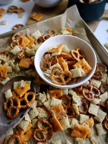 ranch snack mix in a white bowl
