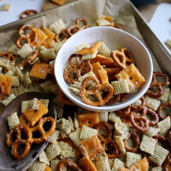 ranch snack mix in a white bowl