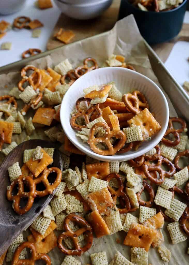 ranch snack mix in a white bowl