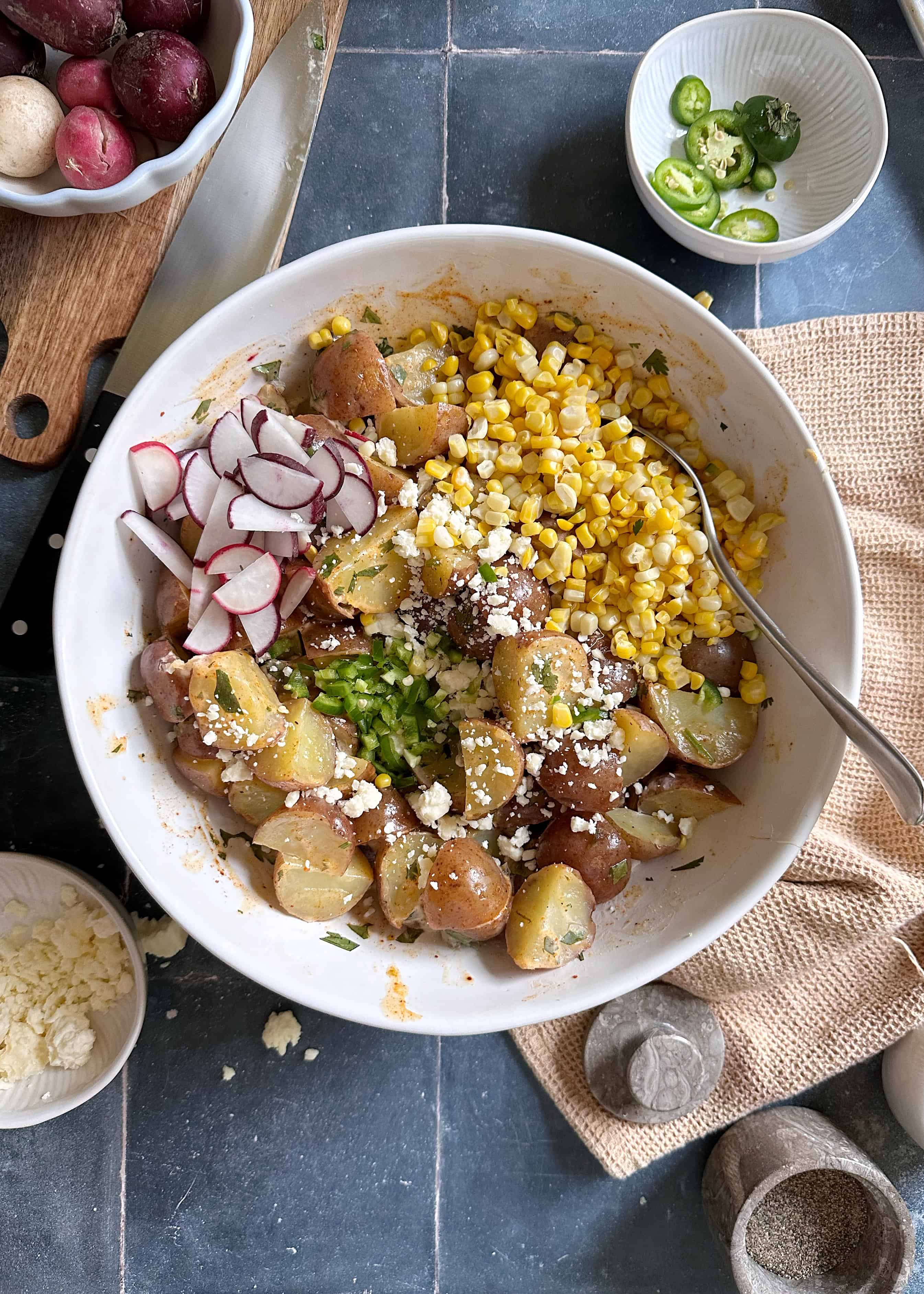 elote potato salad ingredients before mixing