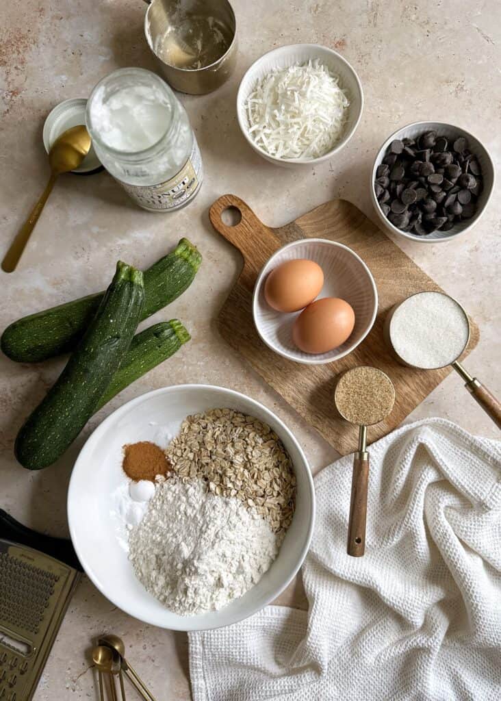 ingredients for zucchini bread with oatmeal coconut and chocolate chips