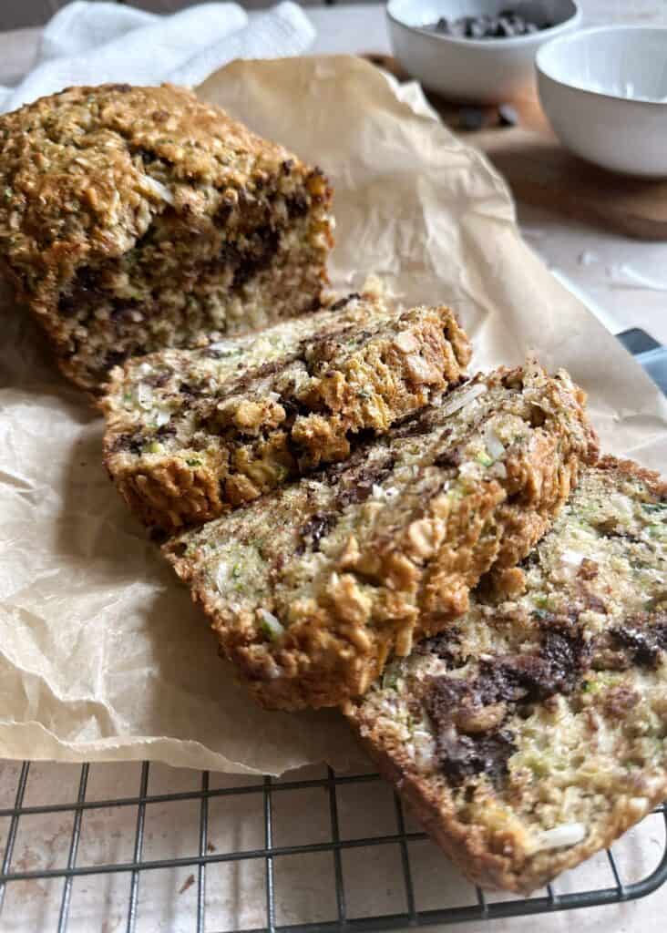 slices of zucchini bread with chocolate chips oatmeal and coconut