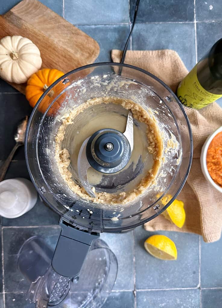 blended tahini garlic and lemon in a food processor