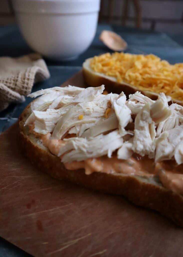 buffalo chicken grilled cheese sandwich before grilling in pan