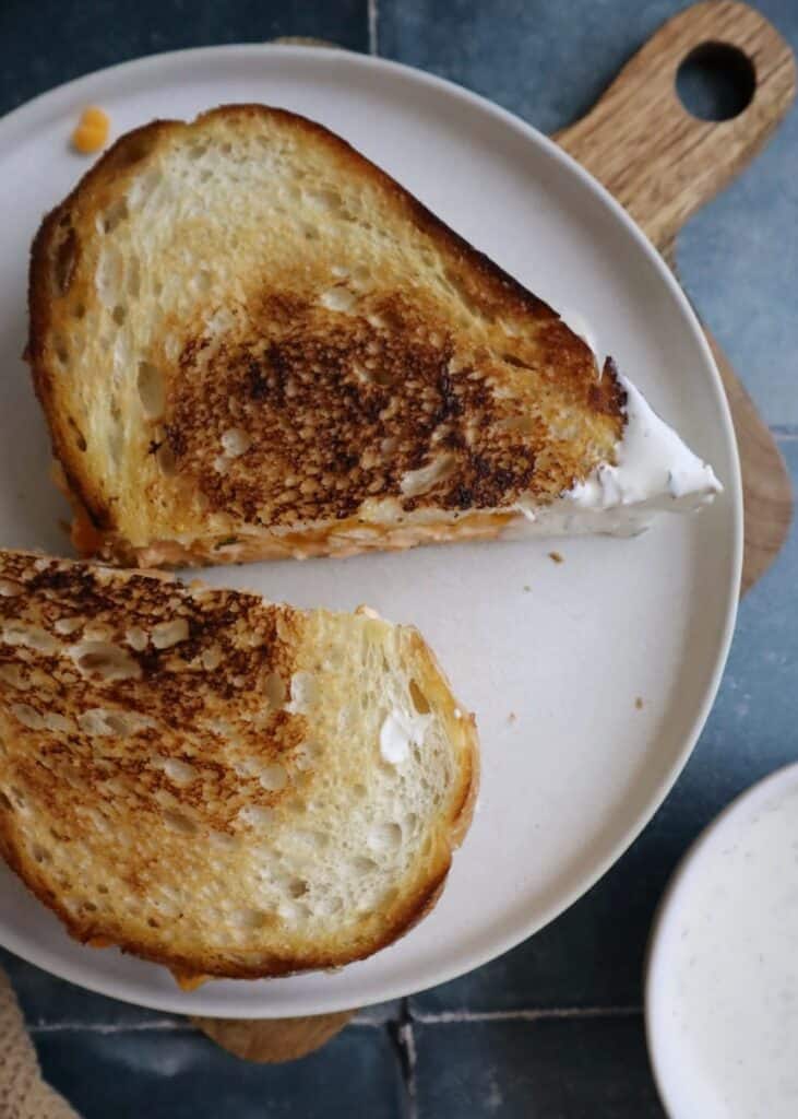 spicy buffalo chicken grilled cheese dipped in ranch