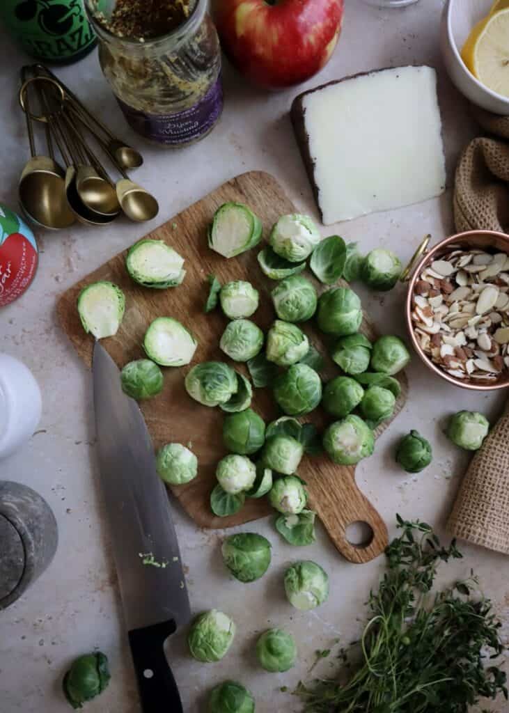 ingredients for shaved brussels sprouts salad with apple and manchego