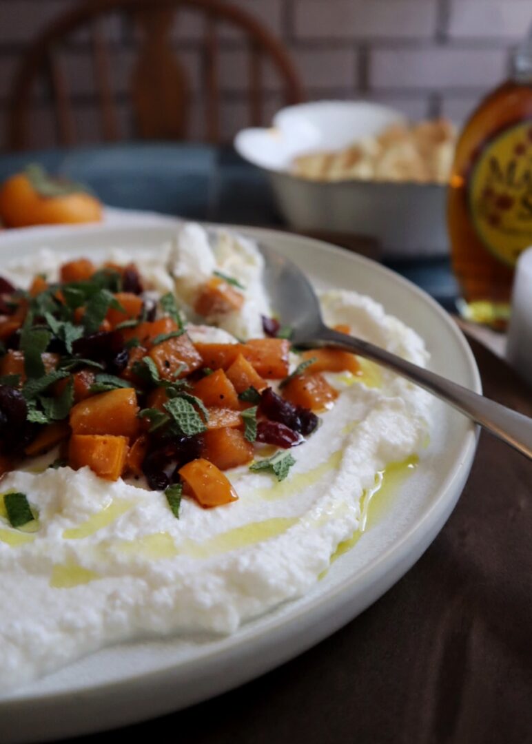 maple persimmons appetizer with ricotta cranberries and sage