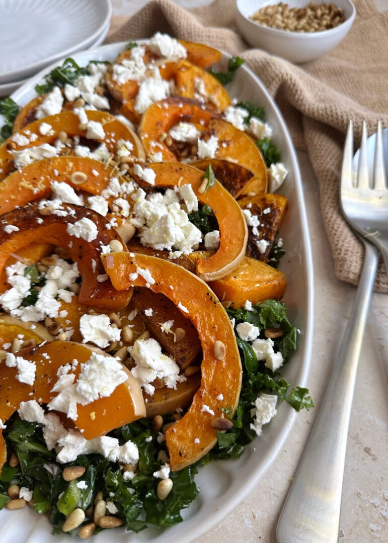 butternut squash kale salad feta and pine nuts