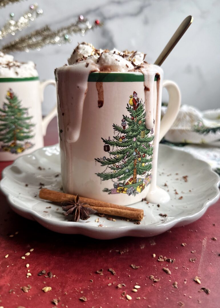 spiced tahini hot chocolate in a christmas mug