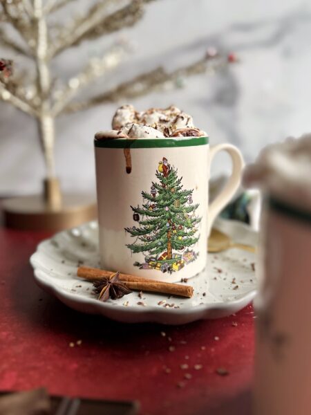 tahini hot chocolate in a christmas tree mug