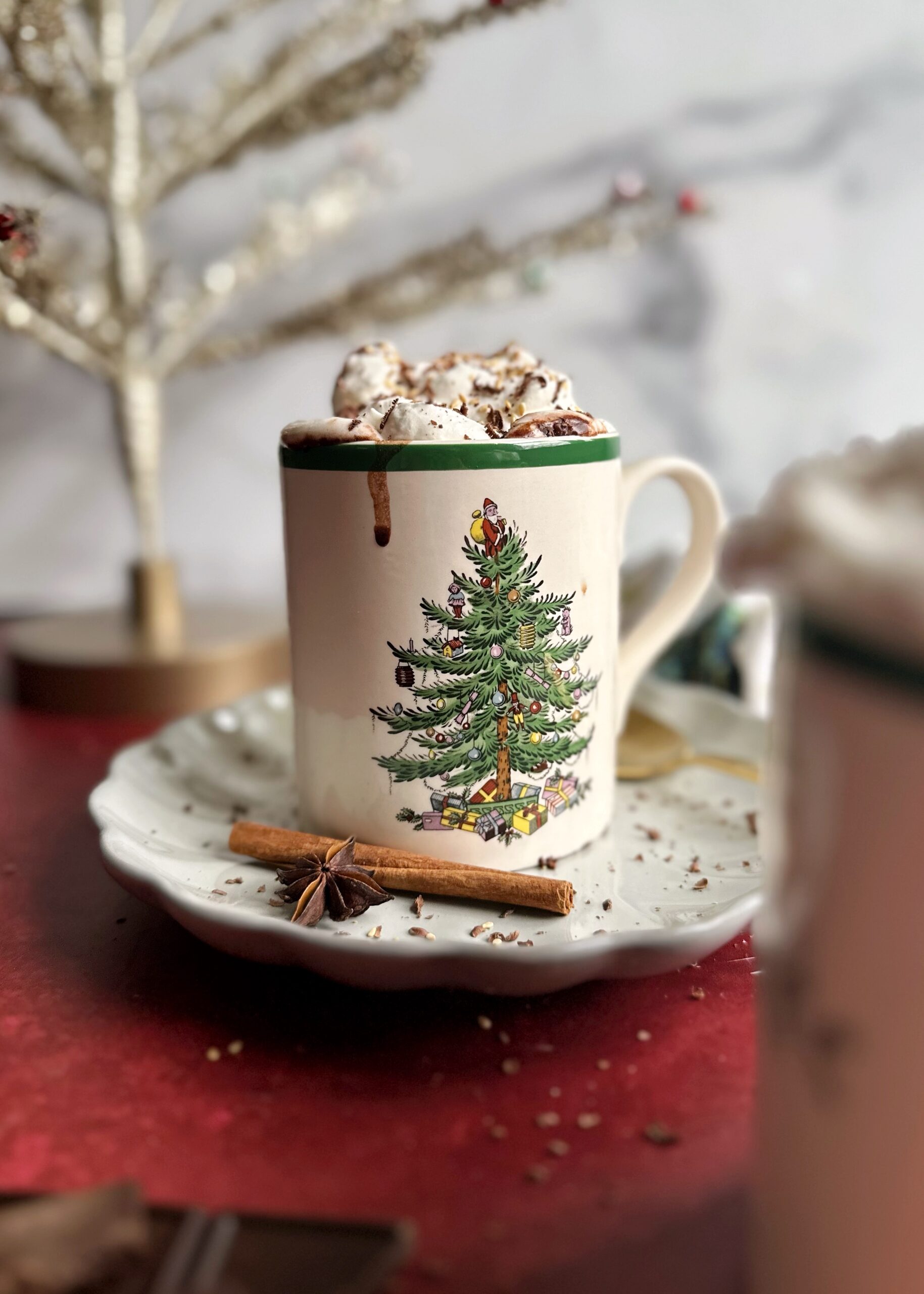 tahini hot chocolate in a christmas tree mug