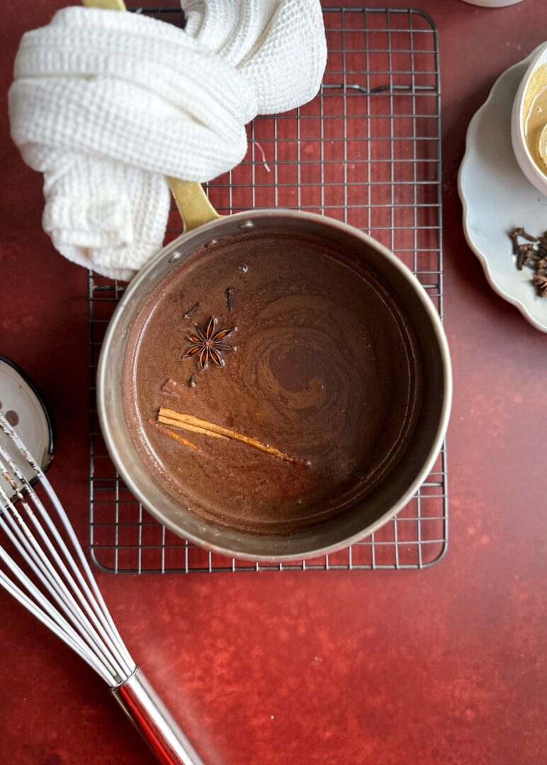 tahini hot chocolate in a copper saucepan