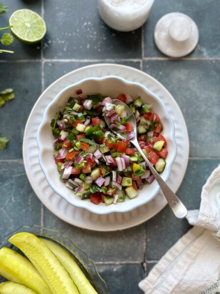 pickle de gallo served in a bowl with silver spoon