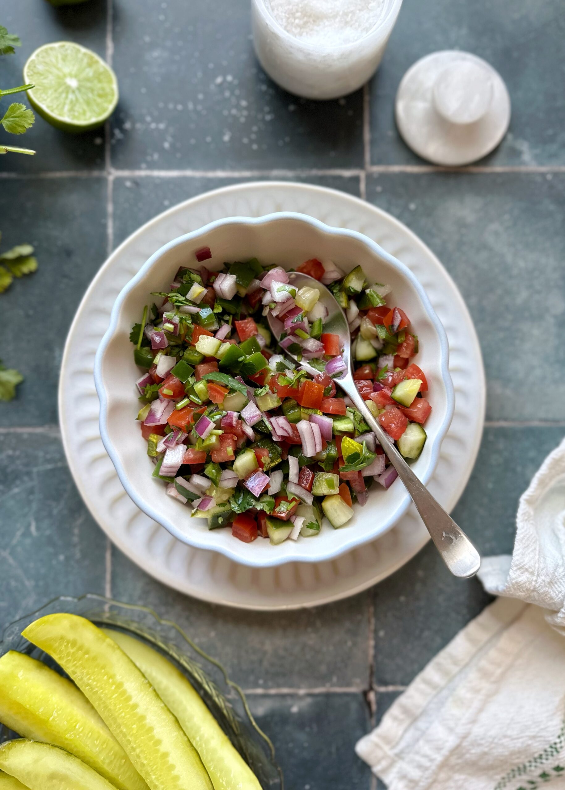 pickle de gallo served in a bowl with silver spoon